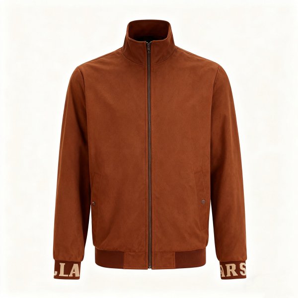 Men's Brown Stand-Collar Jacket with Letter Cuff Print