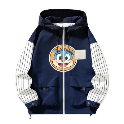 Men's Navy-White Full-Zip Hooded Jacket with Striped Sleeves & Cartoon Bear Print