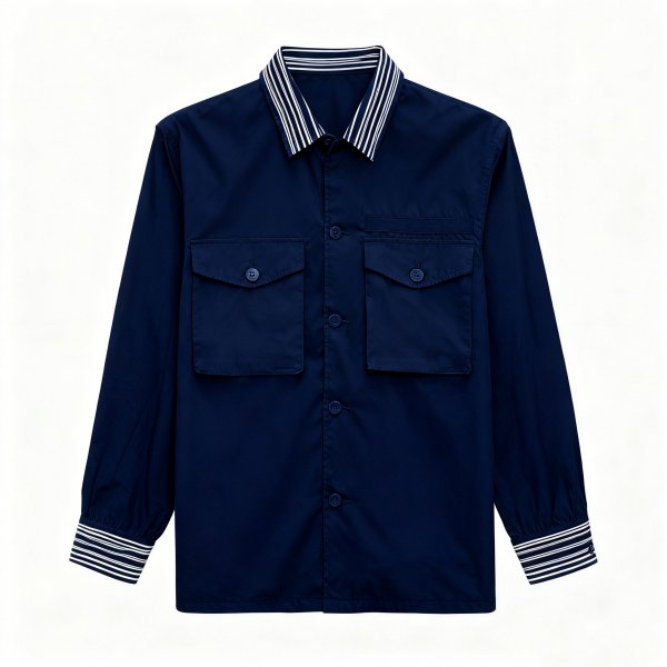 Men's Navy Blue Shirt with Striped Collar & Cuff Print