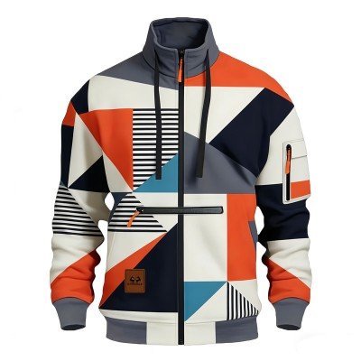 Men's Full-Zip Stand Collar Jacket with Geometric & Stripe Patchwork Print
