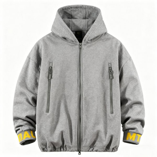 Men's Gray Hooded Jacket with Yellow Letter Cuff Print