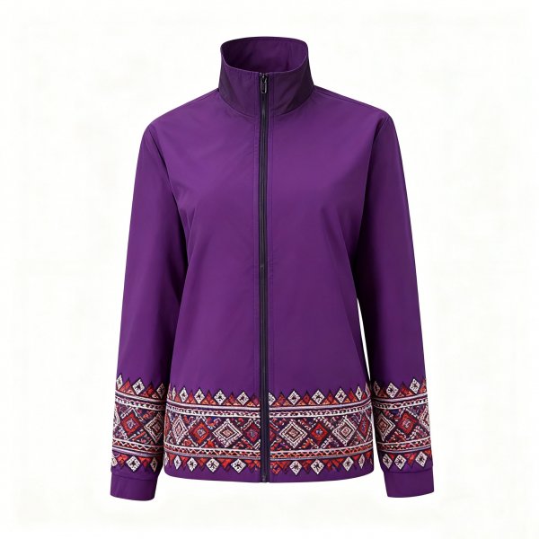Men's Purple Stand-Collar Jacket with Ethnic Border Hem Print