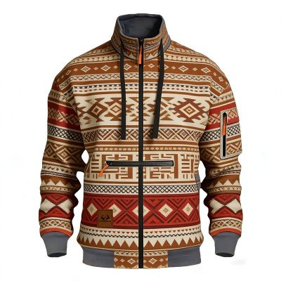 Men's Full-Zip Stand Collar Jacket with Ethnic Geometric Pattern